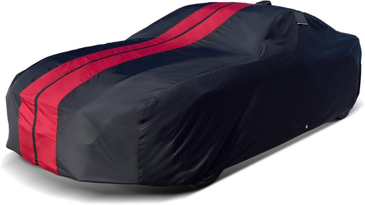 iCarCover Custom Car Cover for Pontiac Safari Wagon (1977-1989) Waterproof All-Weather Rain Snow UV Sun Protector Full Exterior Indoor Outdoor Car Cover (Stripe - Black/Red)