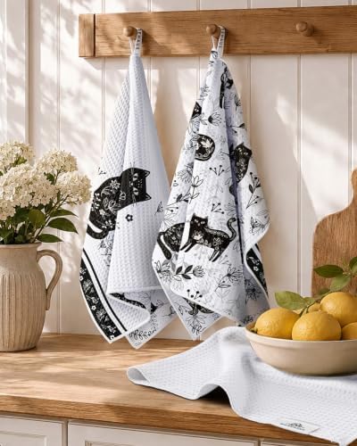 3pcs Double-Sided Waffle Kitchen Towels, Line Art Cat - Image 5