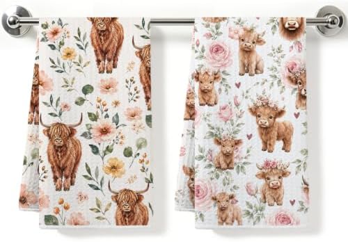 2 Pcs Cute Highland Cow Kitchen Towels, Cows Soft Absorbent Hand Towels 02 by ZHAMEN