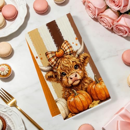 2 Pcs Fall Highland Cow Kitchen Towels, Striped Soft Absorbent Hand Towels - Image 2