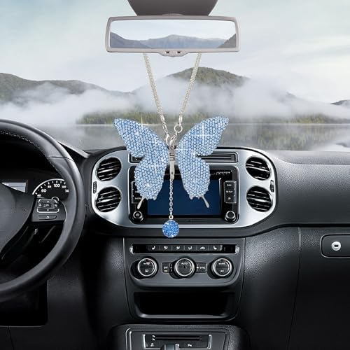 Rhinestone Butterfly Rearview Mirror Ornament, Light Blue - Image 7