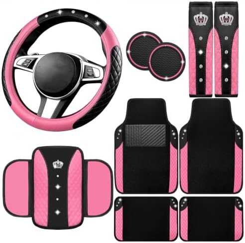 NBTEPEM 10 Pcs Bling Pink Car Floor Mats Set, Leather Pink Steering Wheel by NBTEPEM