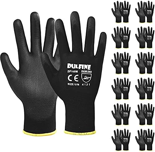 DULFINE Safety Work Gloves for Men 12 Pairs, Ultra-Thin PU Coated Black XS by DULFINE