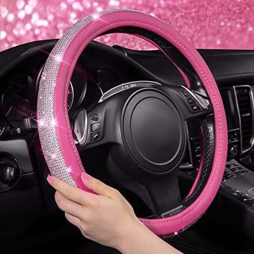 CAR PASS Diamond Pink Leather Steering Wheel Cover, - Image 2