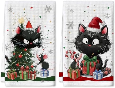 Christmas Kitchen Towels Set of 2 Holiday Decor Cat Hand Towels 16x26 Inch by CusugbasoHomeDecor