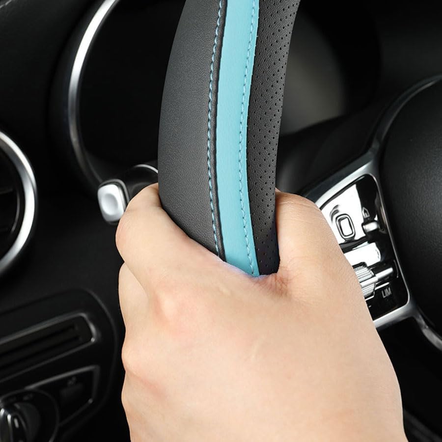 Szttswamp Car Steering Wheel Cover, Microfiber Leather Blue 14.5-15 Inch - Image 3