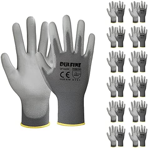 DULFINE Safety Work Gloves for Men & Women 12 Pairs, PU Coated Grey XXL by DULFINE
