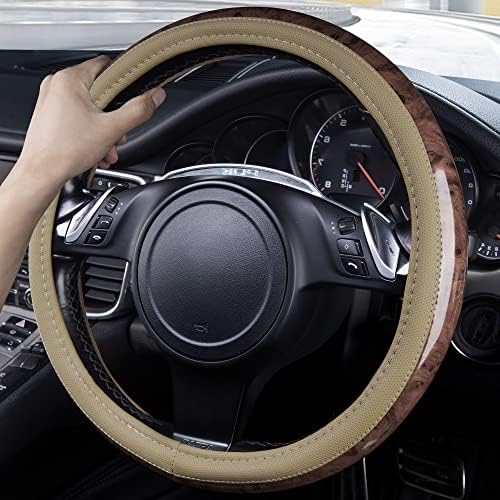 CAR PASS Wood Grain 14.5-15 inch Microfiber Leather Steering Wheel Cover - Image 3
