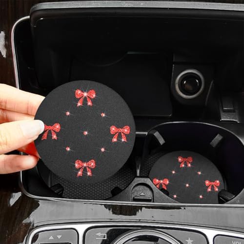 2PCS Car Coasters Rhinestone Bow Cup Holder Pad Anti-Slip Red - Image 3