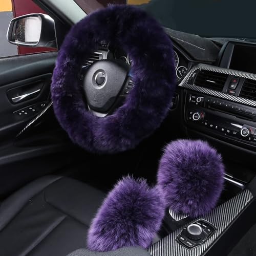 3Pcs Set Fashion Fluffy Fuzzy Wool Fur Soft Car Steering Wheel Cover by AOGELAN