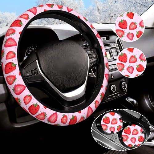 Cute Pink Strawberry Steering Wheel Cover by Olemier