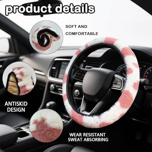Pink Cow Print Fuzzy Steering Wheel Cover Universal-2PCS Car Coasters - Image 3