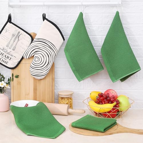 Homaxy 100% Cotton Waffle Weave Kitchen Dish Cloths 6-Pack, Grass Green - Image 6