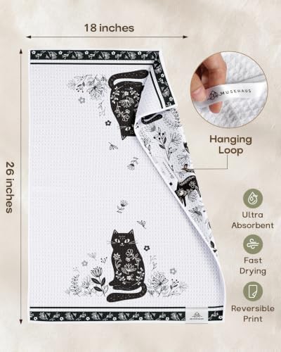 3pcs Double-Sided Waffle Kitchen Towels, Line Art Cat - Image 4