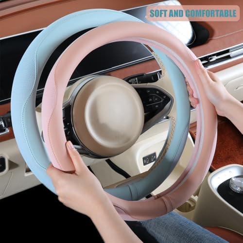 Nappa Leather Blue D Shaped Steering Wheel Cover 15 inch - Image 4