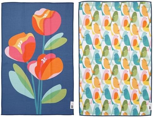 Ritz Waffle Microfiber Kitchen Towel 2pc Set – Three Flowers and Birds – Modern by RITZ