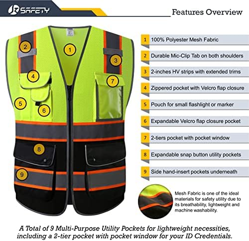 JKSafety Safety Vest for Men Women Reflective Hi Vis JK100 YBlack L - Image 3