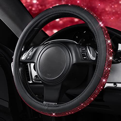 CAR PASS Red Diamond Black Leather Steering Wheel Cover, - Image 4