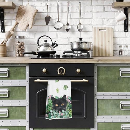 Cute Cat Tropical Plants Kitchen Towels, Spring Summer Greenery Hand Towels - Image 5
