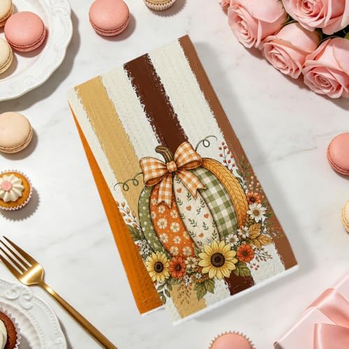 2 Pcs Pumpkin Fall Kitchen Towels, Striped Soft Absorbent Hand Tea Towels - Image 2