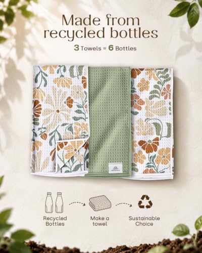 3pcs Double-Sided Waffle Kitchen Towels, Vintage Botanical - Image 2