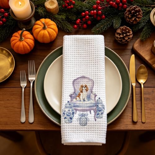 Cavalier King Charles Spaniel Kitchen Towel, Chinoiserie Dog Dish Towel - Image 5