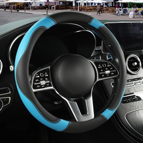 Black Blue Microfiber Leather Steering Wheel Cover 14 inch by Binsheo