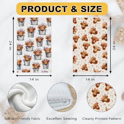 2 Pcs Cute Highland Cow Kitchen Towels, Cows Soft Absorbent Hand Towels 03 - Image 3