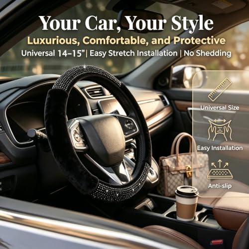 Black Bling Steering Wheel Cover Fluffy Rhinestone - Image 2