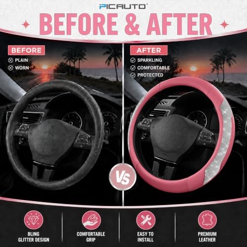 PIC AUTO Steering Wheel Cover, Sparkly Crystal Bling Glitter - Image 6