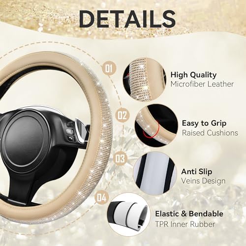 CAR PASS Bling Diamond Beige Leather Steering Wheel Cover - Image 4