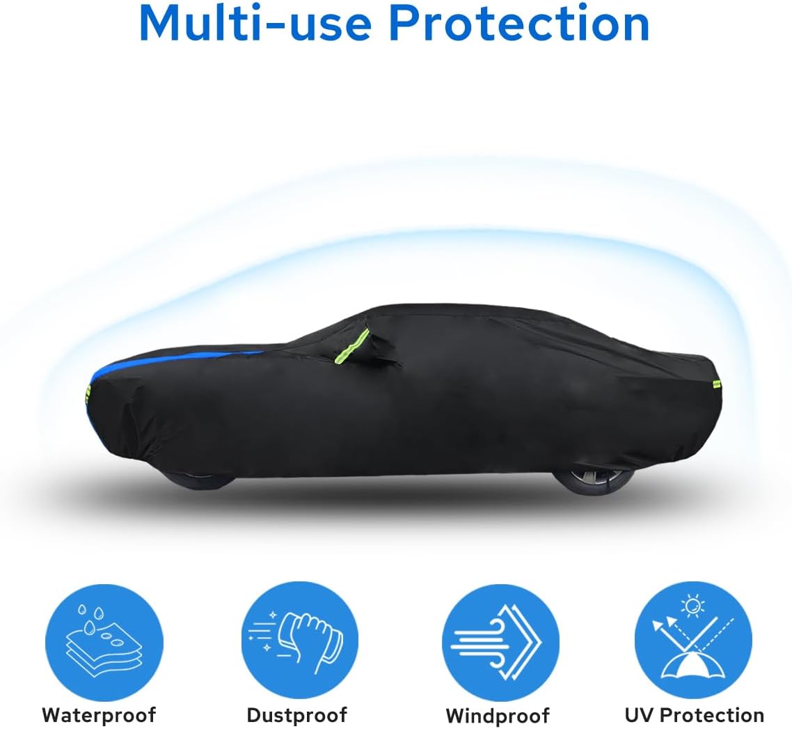 Avecrew Car Cover Waterproof All Weather for Dodge Challenger Automobiles, Outdoor Full Exterior Covers Fit 2008-2023 for Dodge Challenger with Windproof Strap