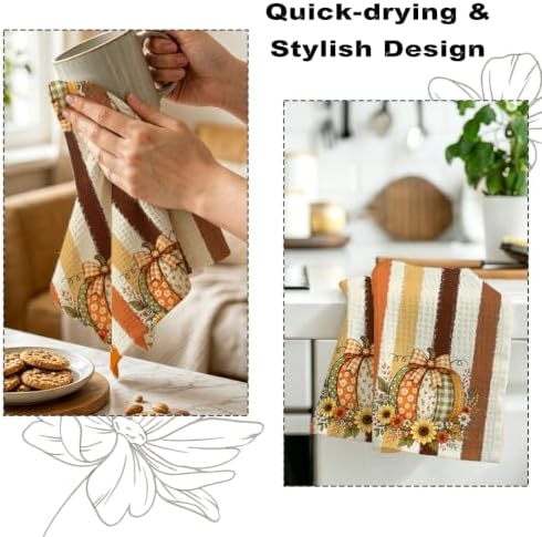 2 Pcs Pumpkin Fall Kitchen Towels, Striped Soft Absorbent Hand Tea Towels - Image 6