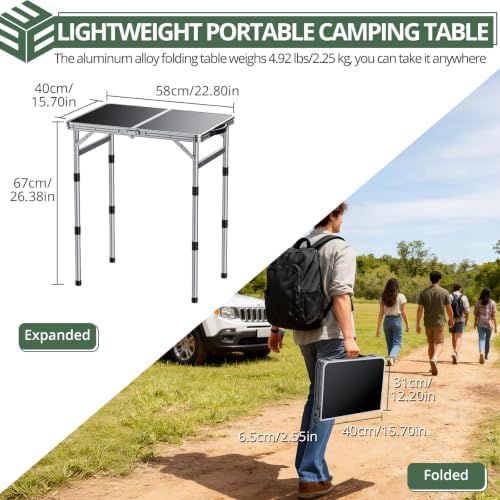 EYPINS Folding Camping Table Small, 3 Adjustable Heights, 22.8x16in MDF Top - Image 2