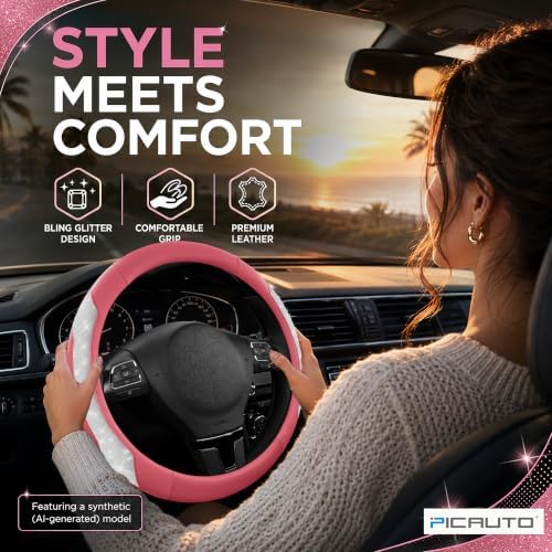 PIC AUTO Steering Wheel Cover, Sparkly Crystal Bling Glitter - Image 3