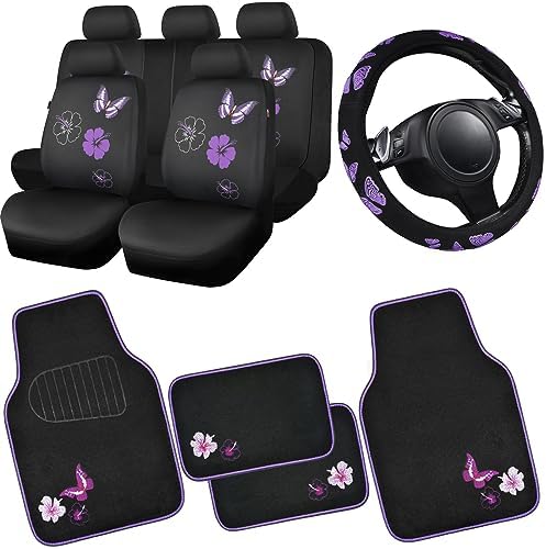 CAR PASS Universal Cloth Butterfly Car Seat Covers Full Set, Embroidered Flower by CARPASS