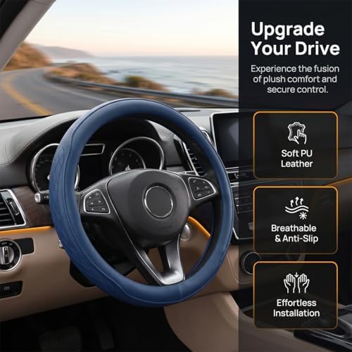 Zpana 14.5-15" Car Steering Wheel Cover, Breathable Soft Leather, Dark Blue - Image 4