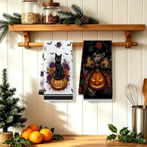 ZHAMEN 2 Pcs Halloween Kitchen Towels, Cat Soft Absorbent Hand Tea Towels - Image 5