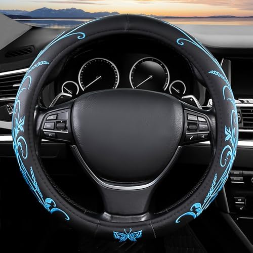 Blue Embroidery Butterfly Car Steering Wheel Cover, 14.5-15 Inch Universal by ExquisiteCarAccessories