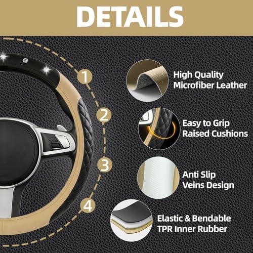 NBTEPEM 6 PCS Bling Beige Car Accessories Set, Leather Beige Steering Wheel - Image 3