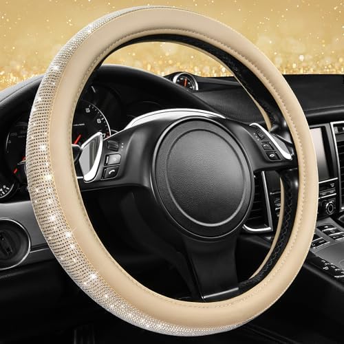CAR PASS Bling Diamond Beige Leather Steering Wheel Cover by CARPASS