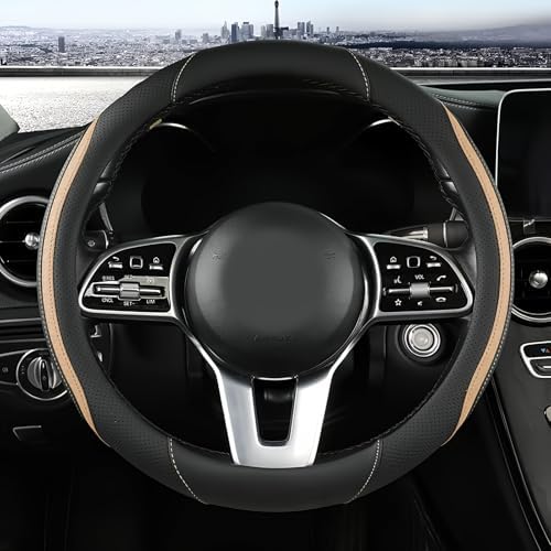 Szttswamp Car Steering Wheel Cover, Microfiber Leather Beige 14.5-15 Inch by Szttswamp