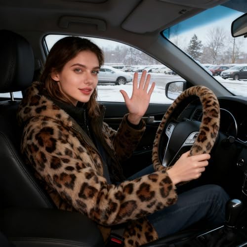 Brown Leopard Print Fuzzy Steering Wheel Cover Universal-2PCS Car Coasters - Image 5