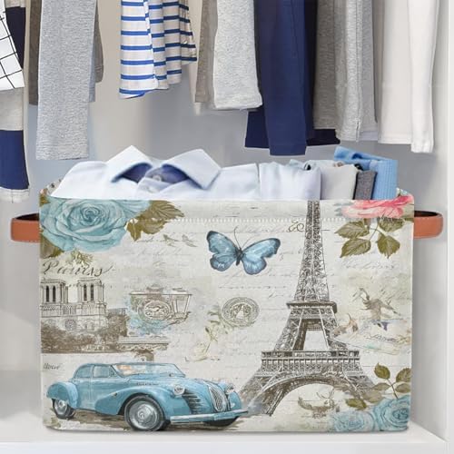 AUUXVA Storage Basket Vintage Paris Eiffel Tower Rose Flower Old Car Storage - Image 6