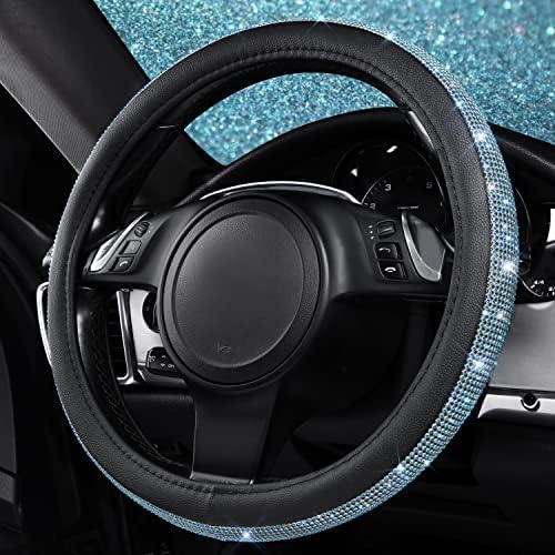 CAR PASS Mint Diamond Black Leather Steering Wheel Cover, Bling Blue Crystal - Image 4