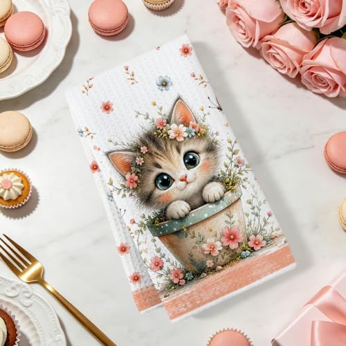2 Pcs Cute Cat Kitchen Towels, Cat Theme Soft Absorbent Hand Tea Towels 05 - Image 2