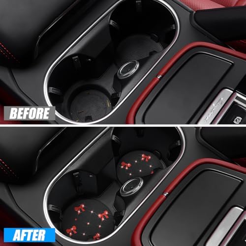 2PCS Car Coasters Rhinestone Bow Cup Holder Pad Anti-Slip Red - Image 4