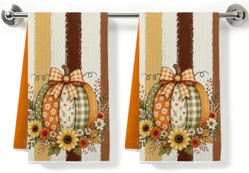 2 Pcs Pumpkin Fall Kitchen Towels, Striped Soft Absorbent Hand Tea Towels by ZHAMEN