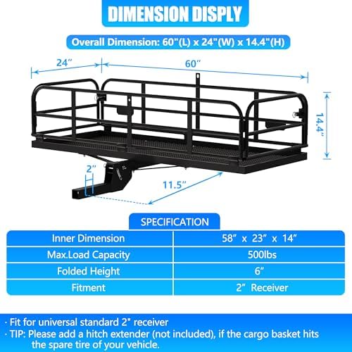 KAIRAY 500 Lbs Heavy Duty Hitch Mount Cargo Carrier 60" x 24" x 14.4" Folding - Image 2