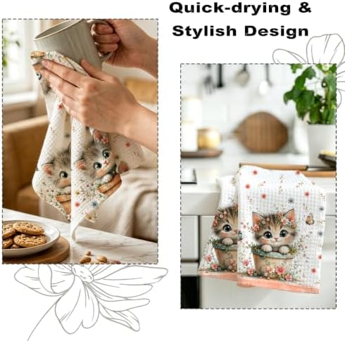 2 Pcs Cute Cat Kitchen Towels, Cat Theme Soft Absorbent Hand Tea Towels 05 - Image 6